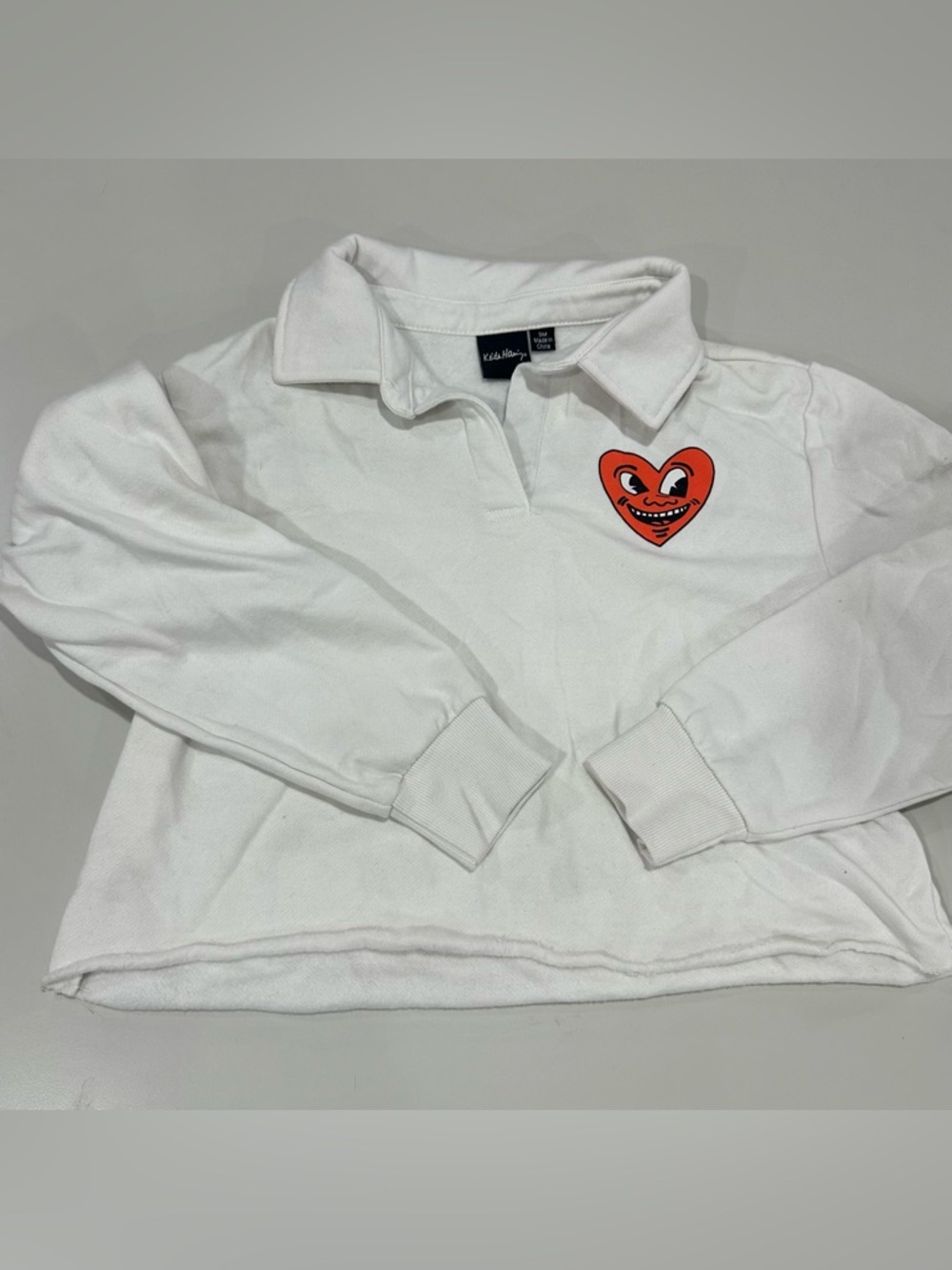 White Long Sleeve Polo with Orange Heart Patch - Picture 1 of 5
